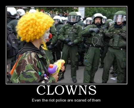 clowns and riot police