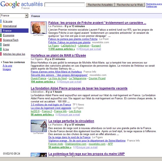 Capture d'écran, 01 février 2010, Google News